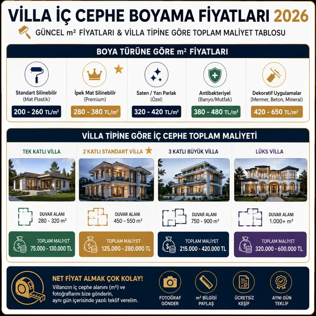 Villa iç cephe boyama m2 fiyatları 2026 villa tipi bazlı maliyet tablosu&nbsp;