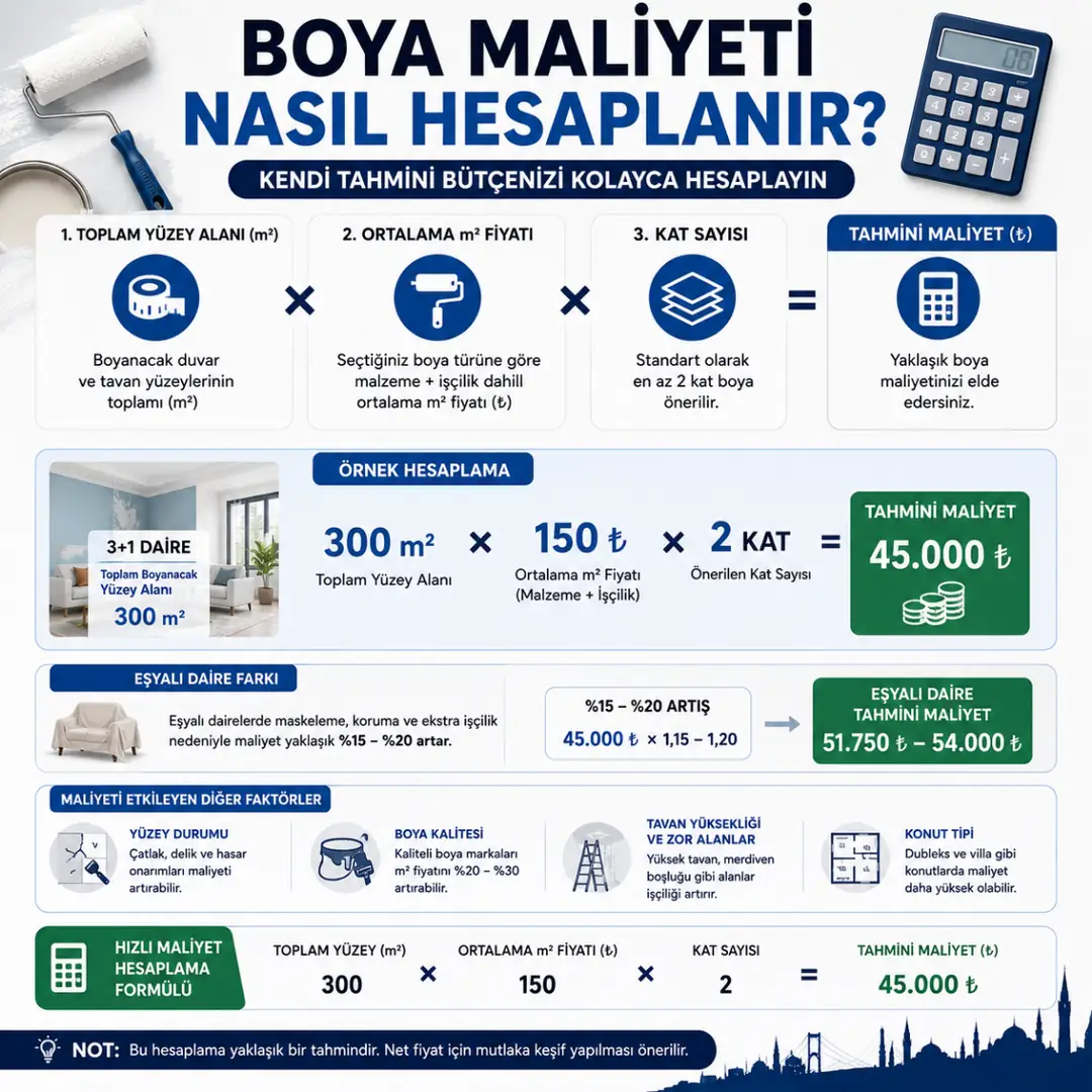Ev boya maliyeti hesaplama örneği ve metrekare hesabı