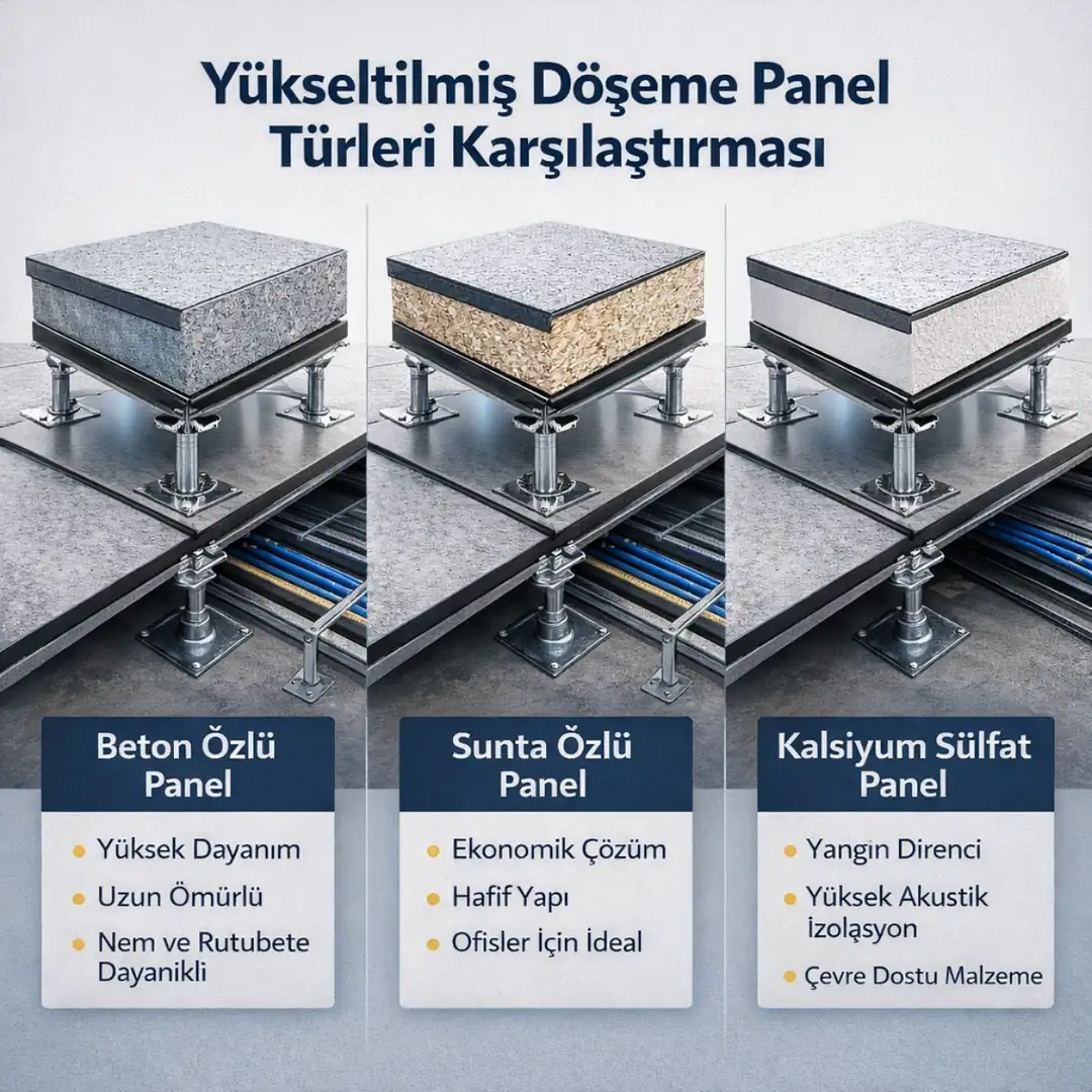 Yükseltilmiş döşeme panel türleri karşılaştırması, beton özlü, sunta özlü ve kalsiyum sülfat paneller teknik farkları&nbsp;