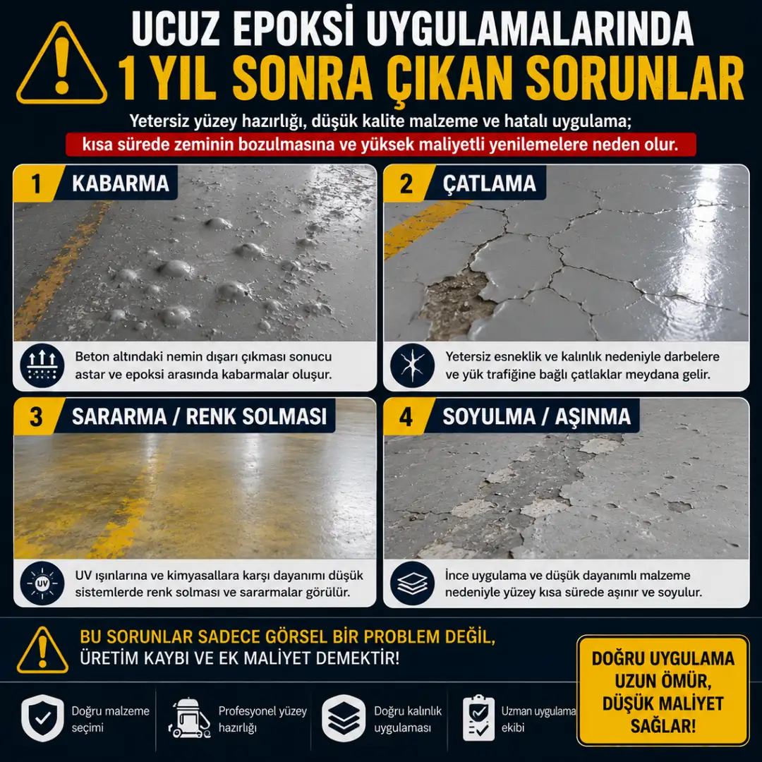 Ucuz epoksi uygulamalarında kabarma çatlama sararma ve aşınma problemleri&nbsp;