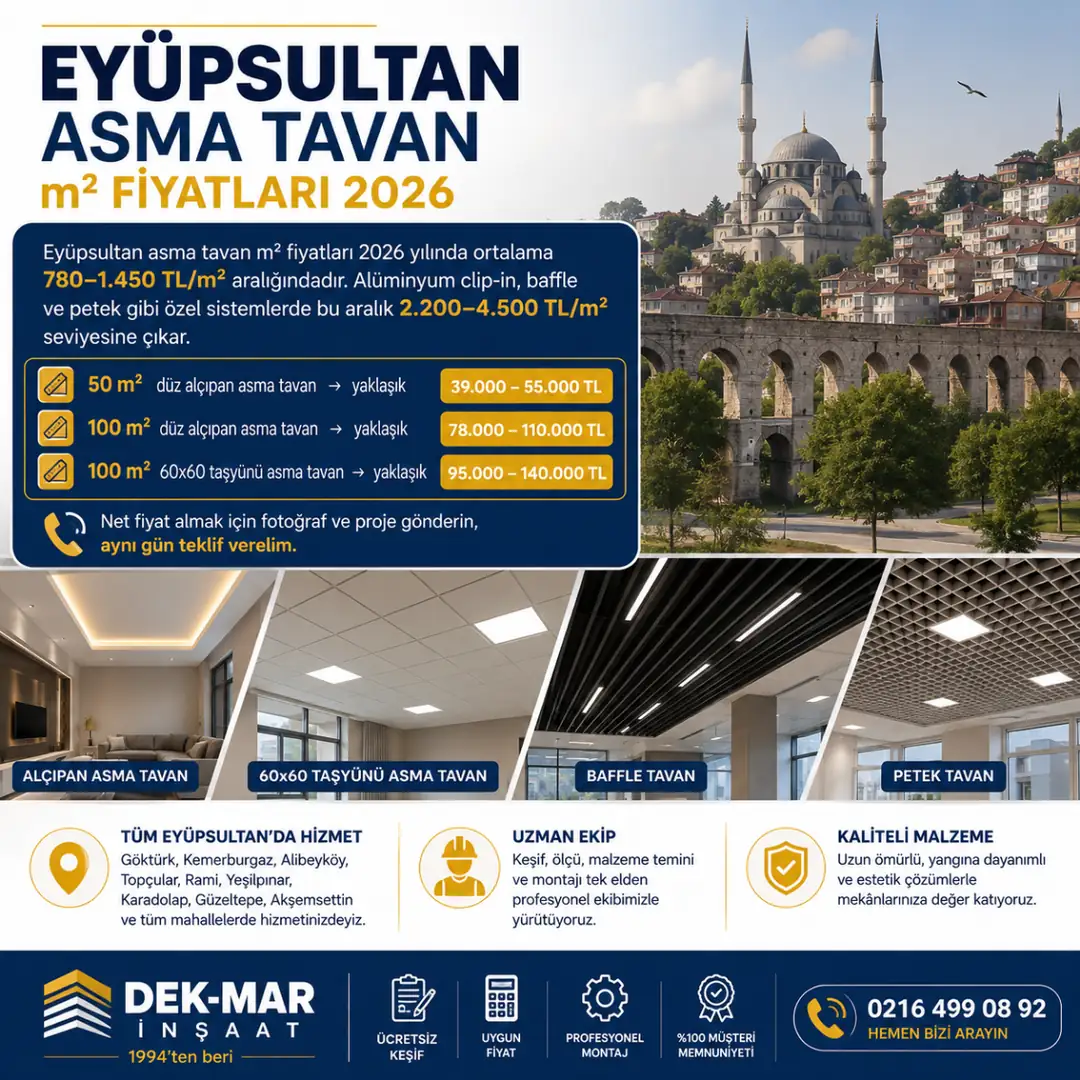 Eyüpsultan asma tavan m² fiyatları 2026, alçıpan, taşyünü, baffle ve petek tavan sistemleri uygulama görseli&nbsp;