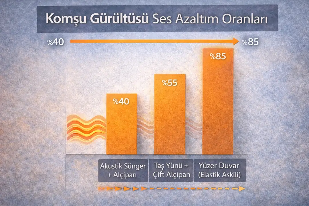 Komşu gürültüsü ses yalıtımı sistemlerine göre ses azaltım oranları