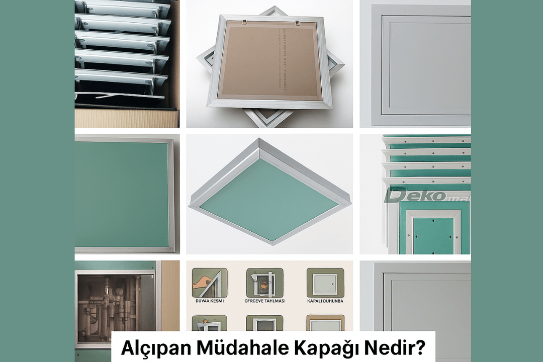Alçıpan müdahale kapağı çeşitleri, montaj adımları ve uygulama örnekleriyle modern tavan çözümleri için rehber görsel. 