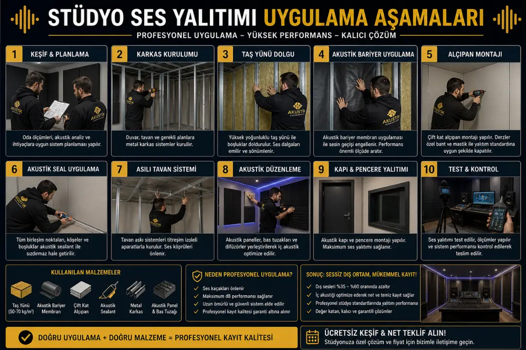 Stüdyo ses yalıtımı uygulama süreci karkas kurulum taş yünü dolgu alçıpan montaj&nbsp;
