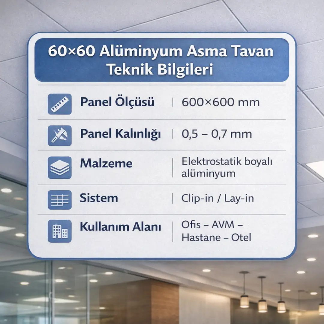 60x60 alüminyum asma tavan teknik özellikleri panel ölçüsü kalınlık ve kullanım alanları