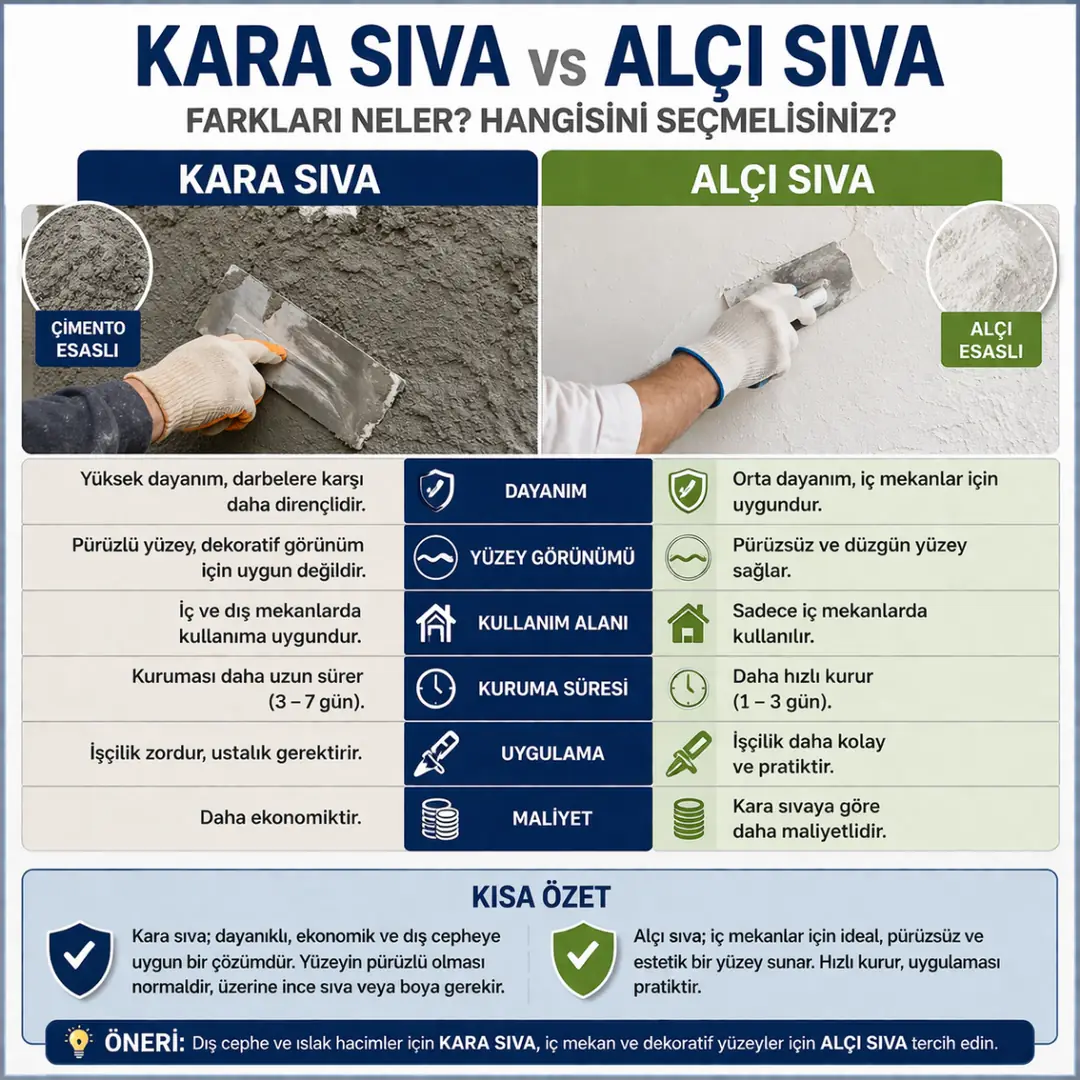 Kara sıva ve alçı sıva farkları, dayanım yüzey kalitesi ve kullanım alanlarına göre karşılaştırma tablosu&nbsp;