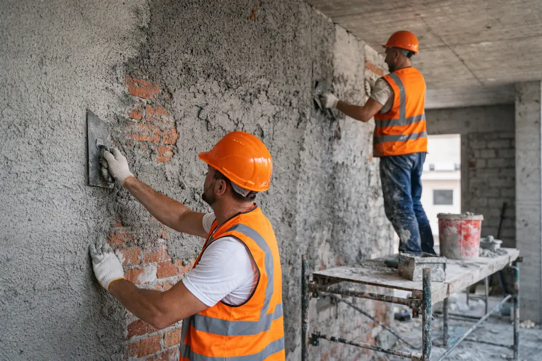Duvar sıva uygulama süreci, kaba sıva ve kara sıva aşamalarını başlangıçtan bitişe kadar gösteren şantiye uygulama görseli