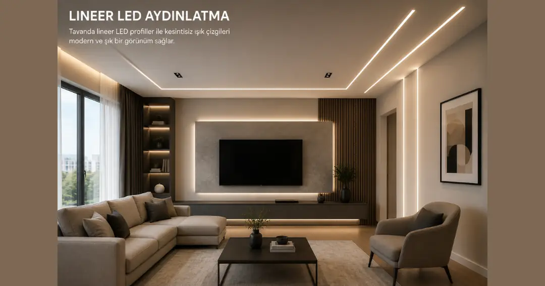 Oturma odasında lineer LED profillerle aydınlatılmış modern alçıpan asma tavan modeli&nbsp;
