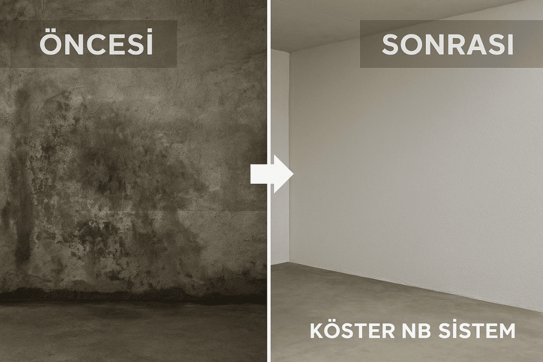 Köster NB Sistem uygulaması öncesi nemli yüzey ve sonrası kuru yüzey karşılaştırması. 