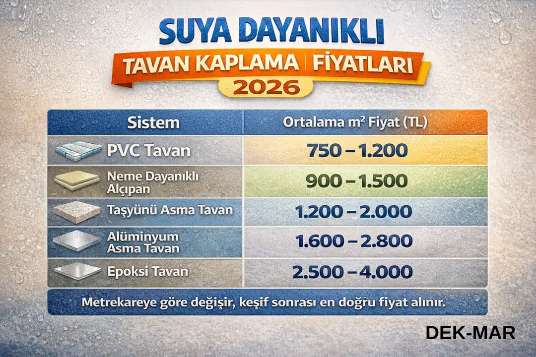 2026 suya dayanıklı tavan kaplama m2 fiyatları, PVC, alüminyum ve neme dayanıklı tavan sistemleri karşılaştırması.&nbsp;