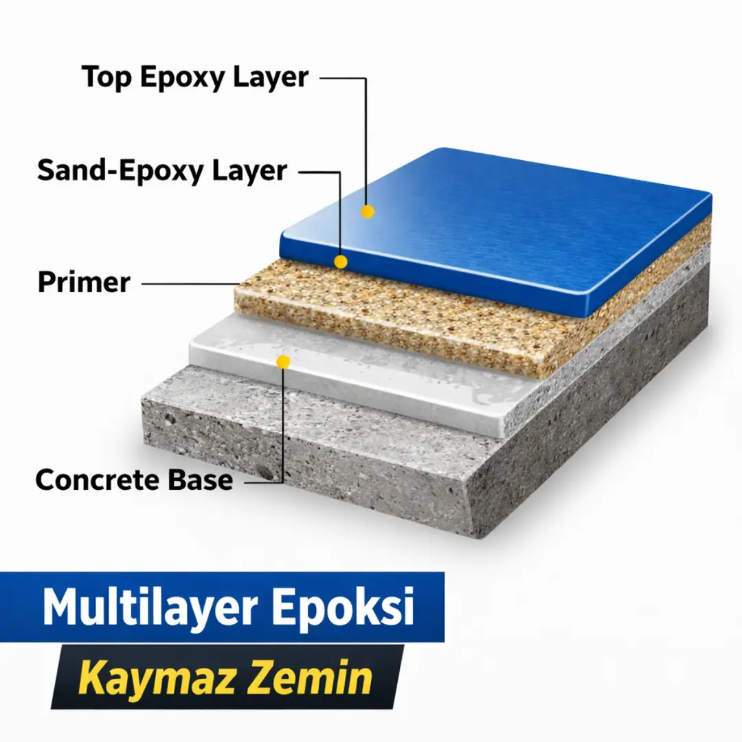 multilayer epoksi zemin kaplama katman sistemi şeması&nbsp;