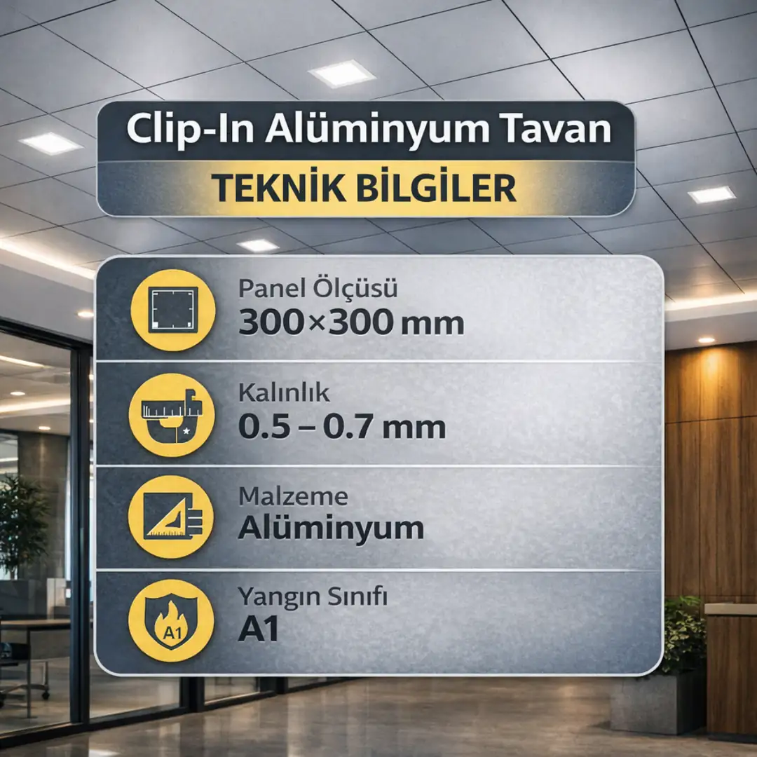 30x30 clip-in alüminyum asma tavan teknik özellikleri panel ölçüsü ve sistem bilgileri