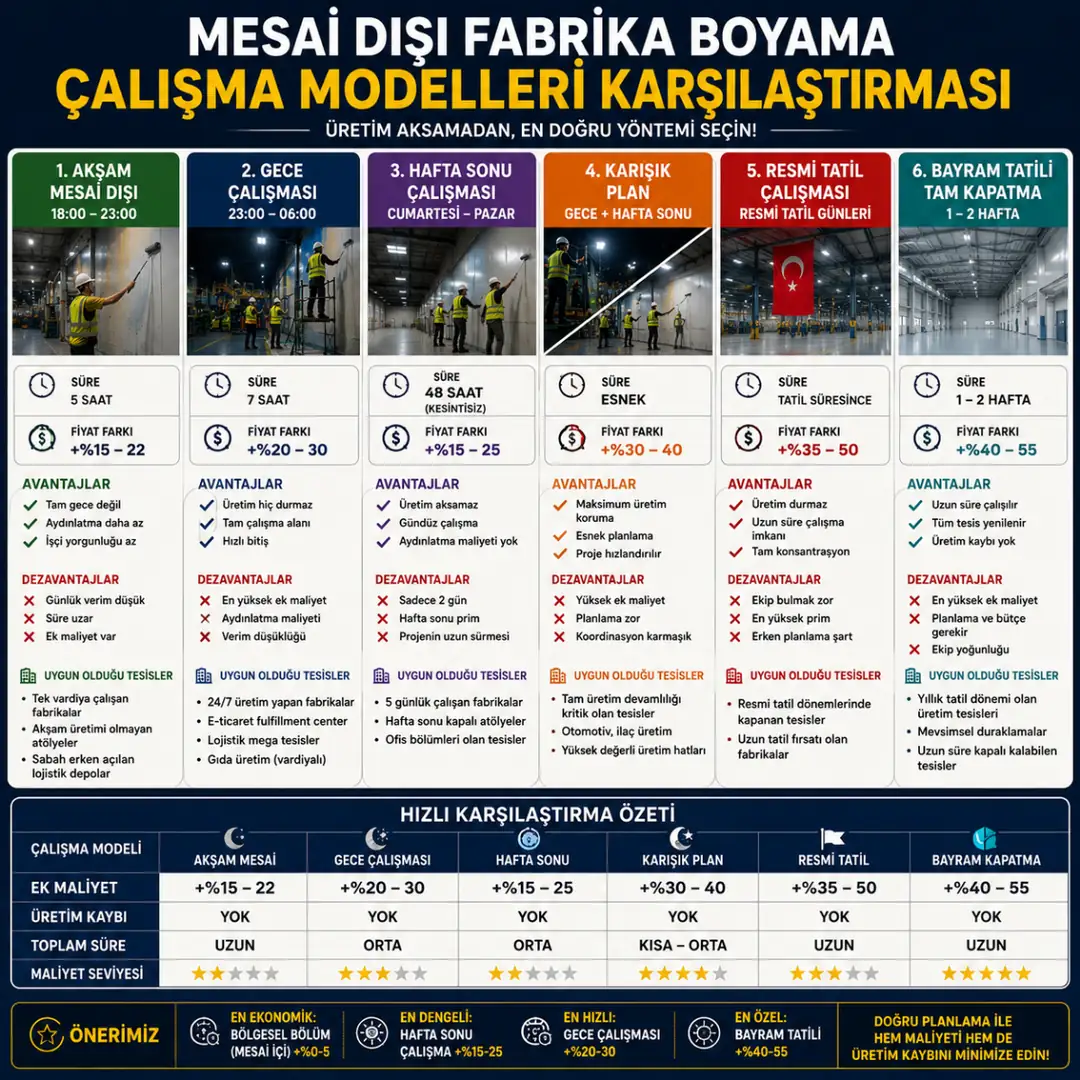 Akşam gece hafta sonu ve bayram fabrika boyama çalışma modeli karşılaştırması&nbsp;