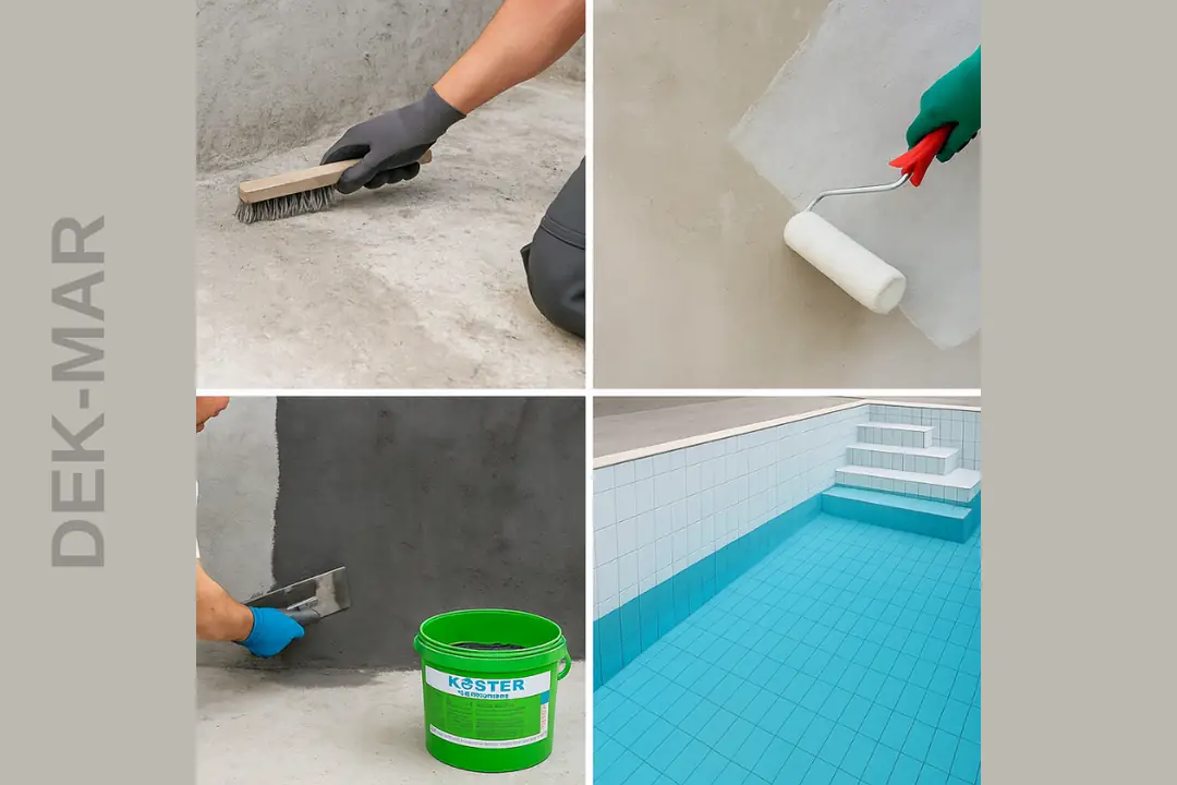 Havuz izolasyonu uygulama aşamaları: yüzey hazırlığı, astar, Köster NB uygulaması ve seramik kaplama.&nbsp;