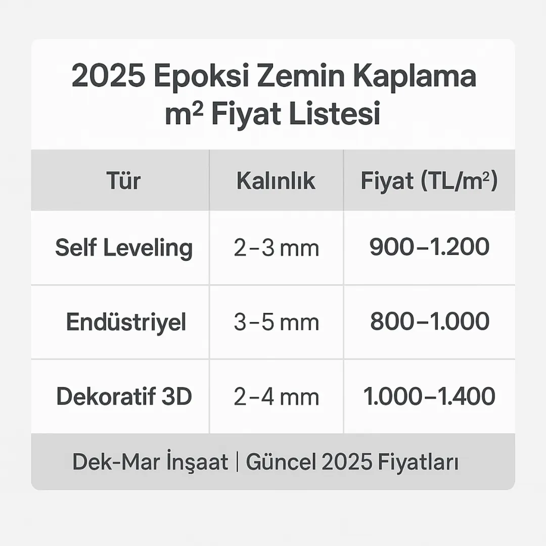 Epoksi zemin kaplama m2 fiyat tablosu 2025 – Dek-Mar profesyonel uygulama rehberi
