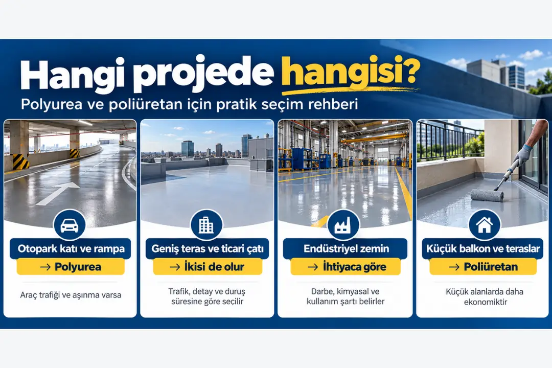 Otopark, teras, çatı, endüstriyel zemin ve balkon gibi alanlarda polyurea ve poliüretan seçim rehberi