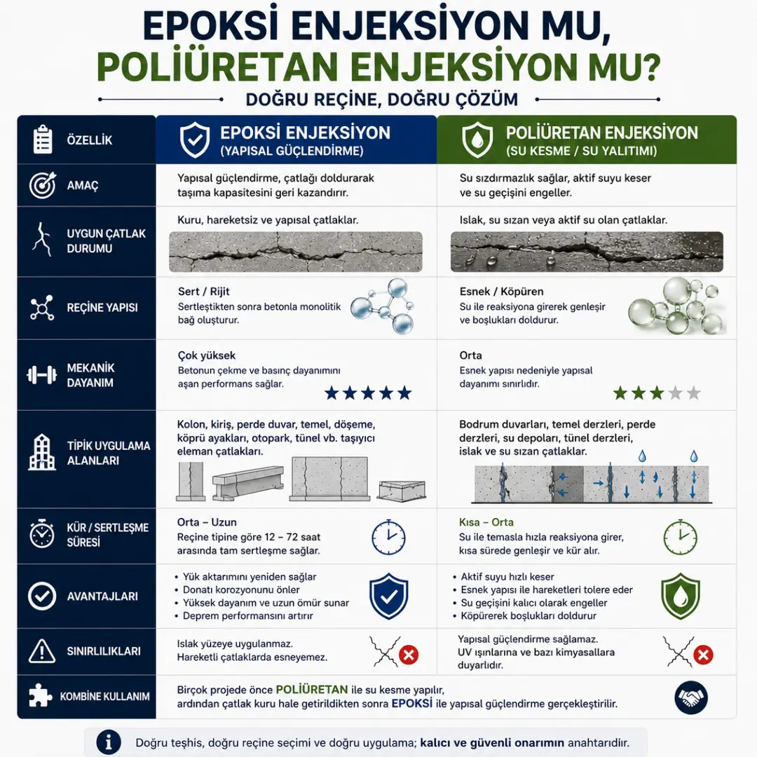 Epoksi enjeksiyon ve poliüretan enjeksiyon farklarını gösteren teknik tablo&nbsp;