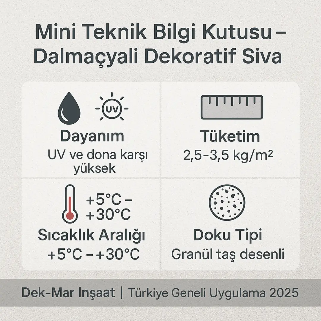 Dalmaçyalı dekoratif sıva teknik bilgi kutusu – Dek-Mar İnşaat tüketim, dayanım ve doku özellikleri 2025