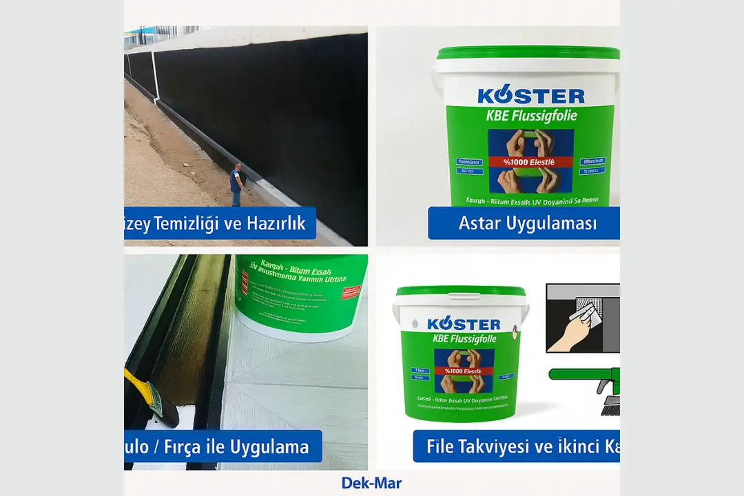KÖSTER KBE Flüssigfolie uygulama aşamaları: yüzey temizliği, astar, rulo uygulaması ve file takviyesi.