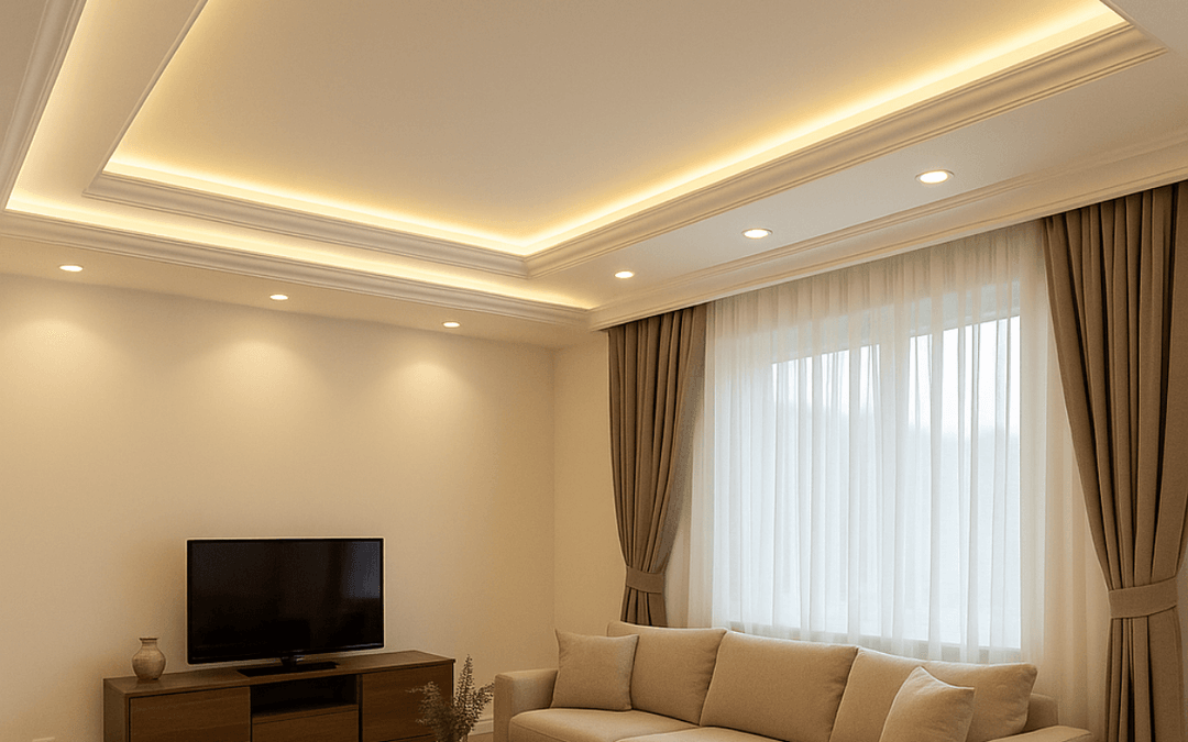 Gölbaşı’nda villa salonu için özel tasarlanmış estetik alçıpan asma tavan dekorasyonu – Dek-Mar İnşaat uygulaması.