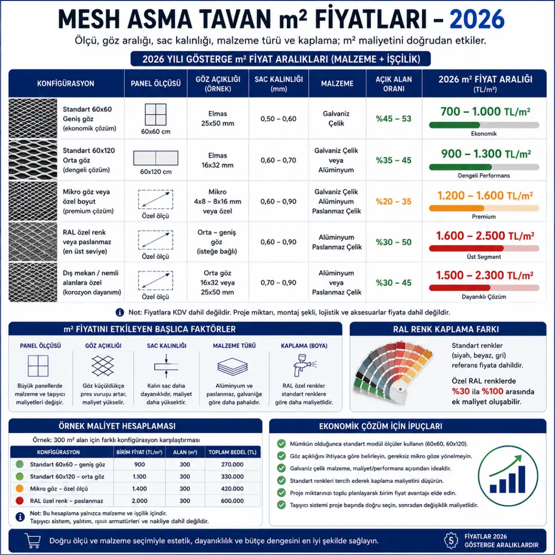 Mesh asma tavan ölçülerine göre 2026 m2 fiyat tablosu&nbsp;