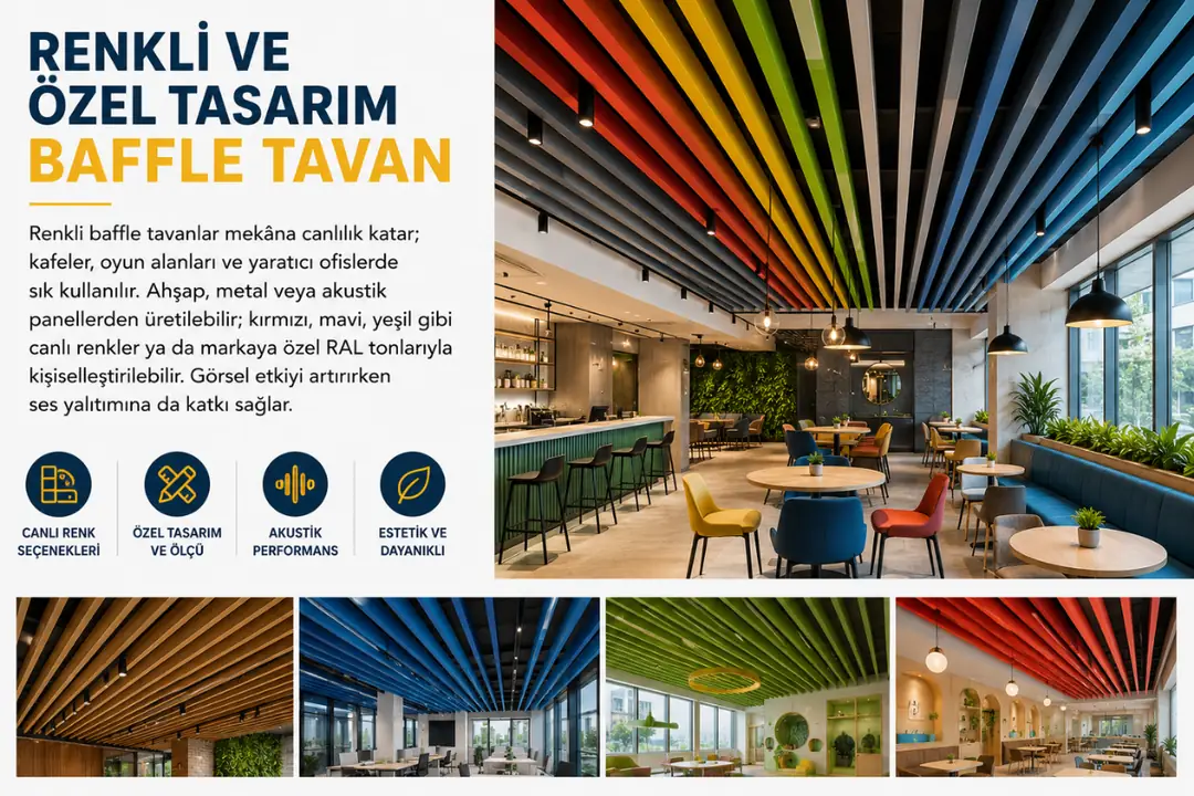 Kafe ve yaratıcı ofislerde kullanılan renkli baffle tavan modelleri, özel RAL renkleri ve akustik performans sağlayan dekoratif lamel tavan tasarımları.