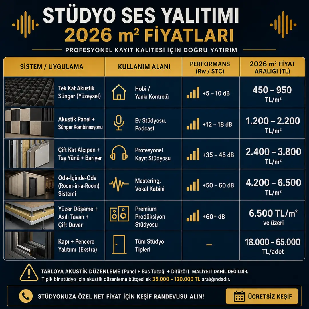 Stüdyo ses yalıtımı fiyatları 2026 akustik panel sünger oda içi oda sistem m2 maliyet tablosu&nbsp;
