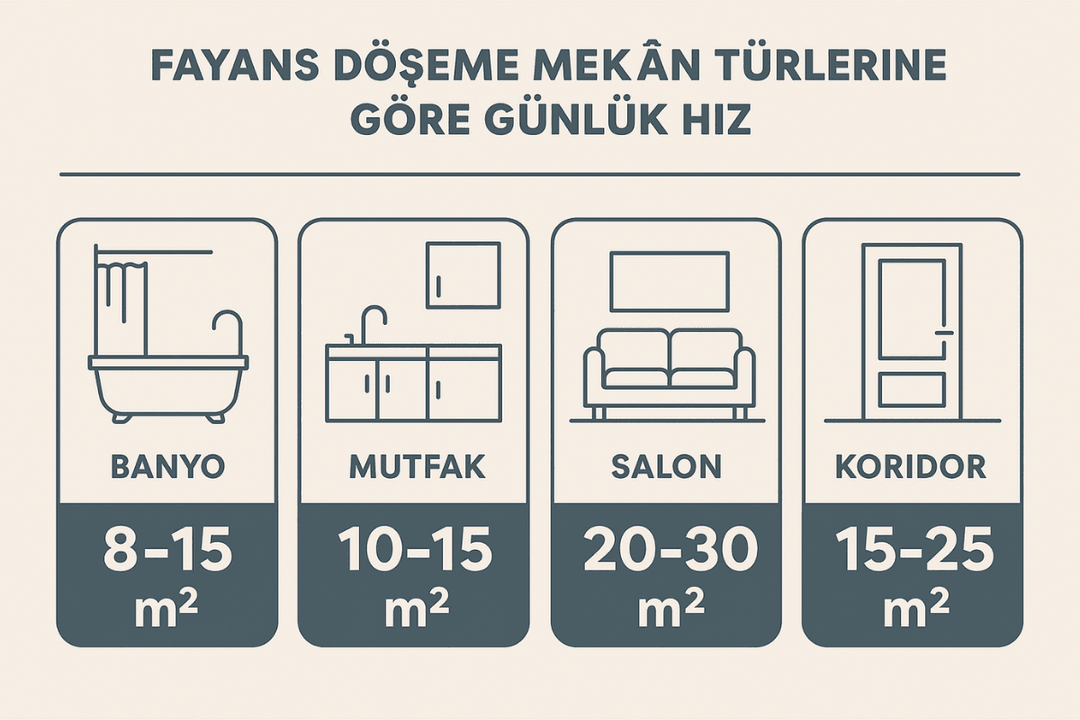Banyo, mutfak, salon ve koridorda günlük fayans döşeme hızları. 