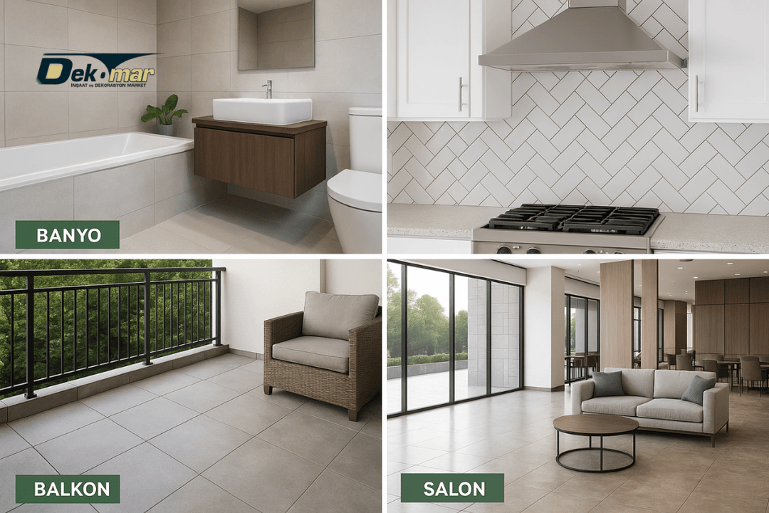 Banyo, mutfak, balkon ve salon seramik uygulamaları kolaj görseli. 
