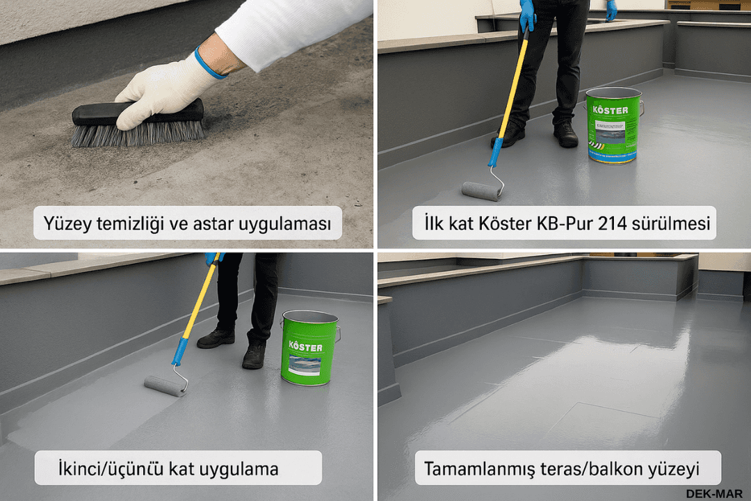 Köster KB-Pur 214 uygulama aşamaları: yüzey hazırlığı, astar, çok katlı uygulama ve tamamlanmış yüzey. 