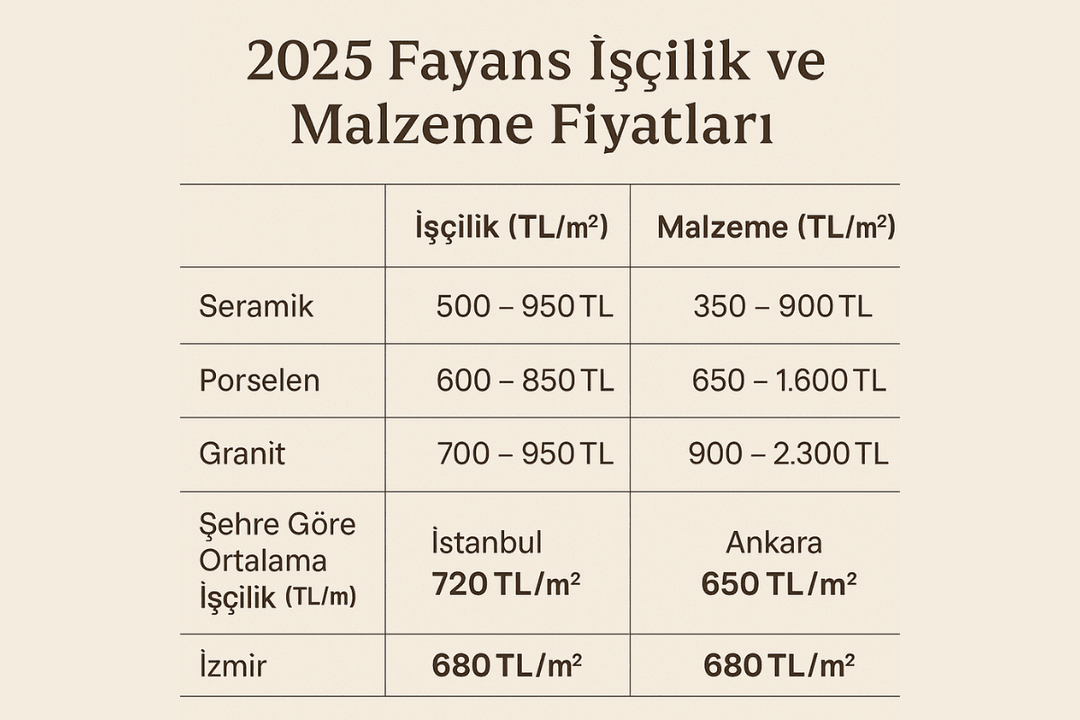 2025 fayans işçilik ve malzeme m² fiyat aralıkları – İstanbul, Ankara, İzmir karşılaştırması. 