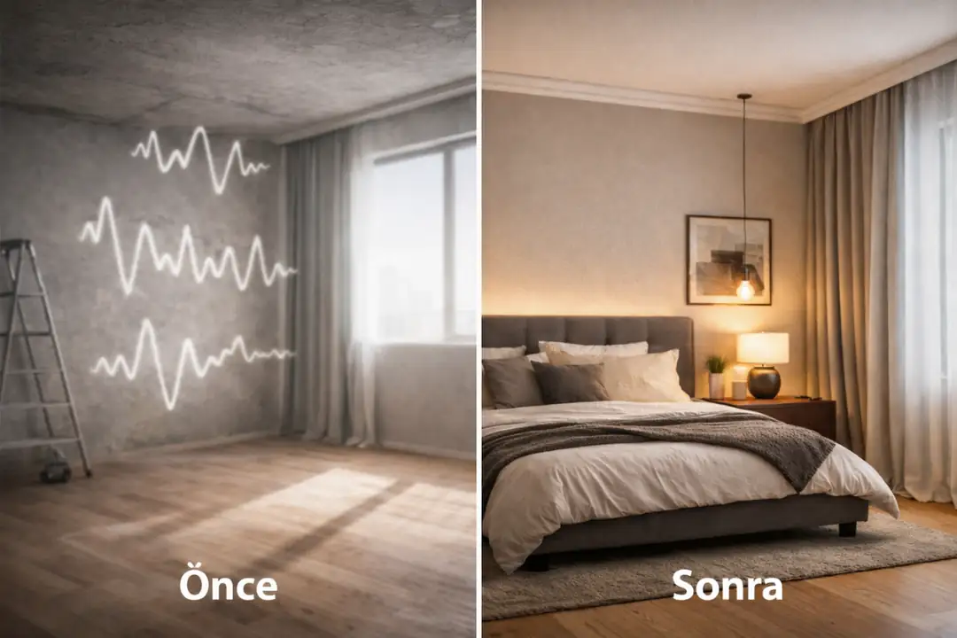 Yatak odası ses yalıtımı öncesi ve sonrası karşılaştırma