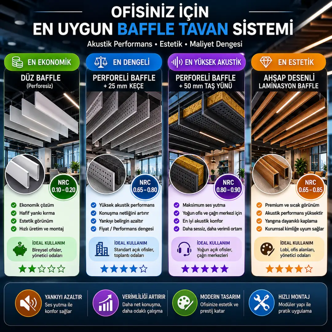 Ofis için en uygun baffle tavan sistemleri karşılaştırma tablosu&nbsp;