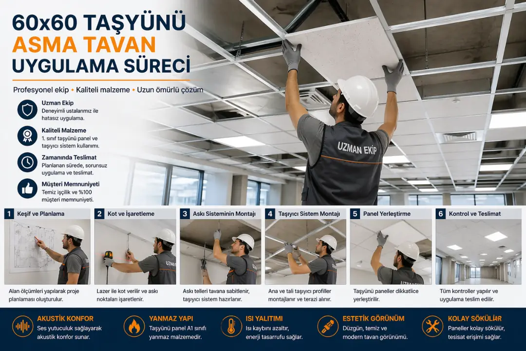 taşyünü asma tavan uygulama süreci montaj saha çalışması&nbsp;