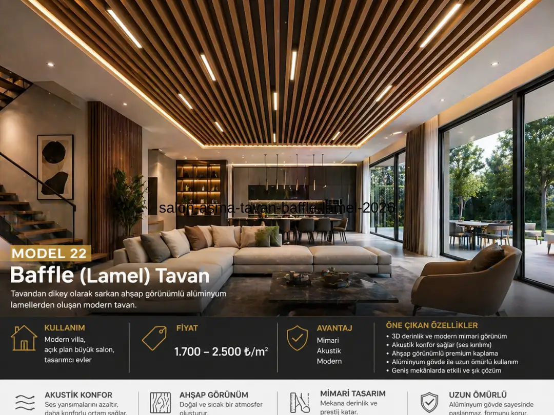 ahşap görünümlü baffle lamel tavan modern geniş salon dekorasyonu&nbsp;