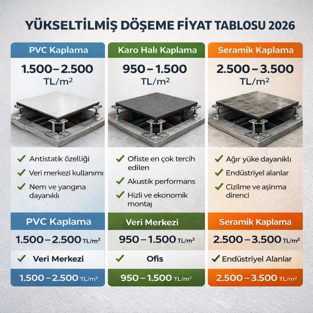 Yükseltilmiş döşeme kaplama fiyat tablosu 2026 PVC karo halı seramik sistem karşılaştırması