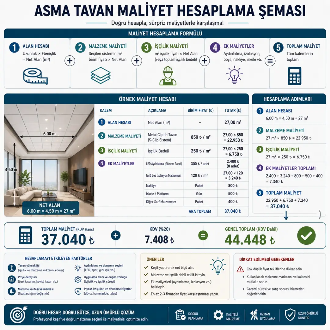 Asma tavan maliyet hesaplama örneği