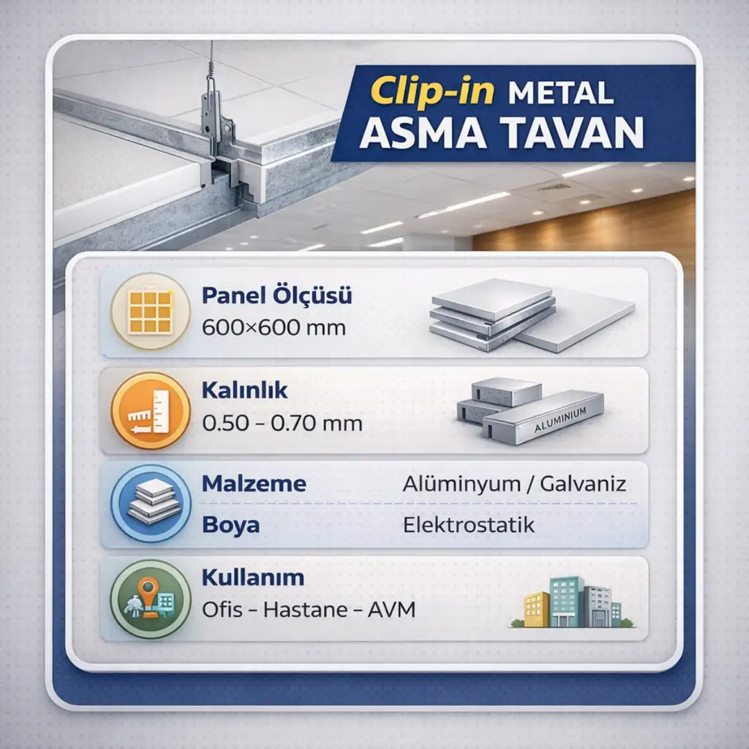 clip in metal asma tavan teknik özellikleri 600x600 panel sistemi