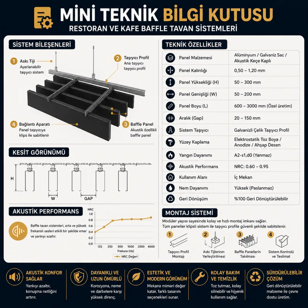 Restoran baffle tavan teknik özellik ve akustik bilgi tablosu&nbsp;