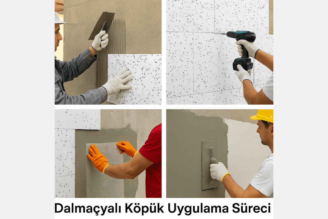 Dalmaçyalı köpük mantolama uygulama süreci: yapıştırma, dübel montaj, file çekme ve sıva işlemleri. 