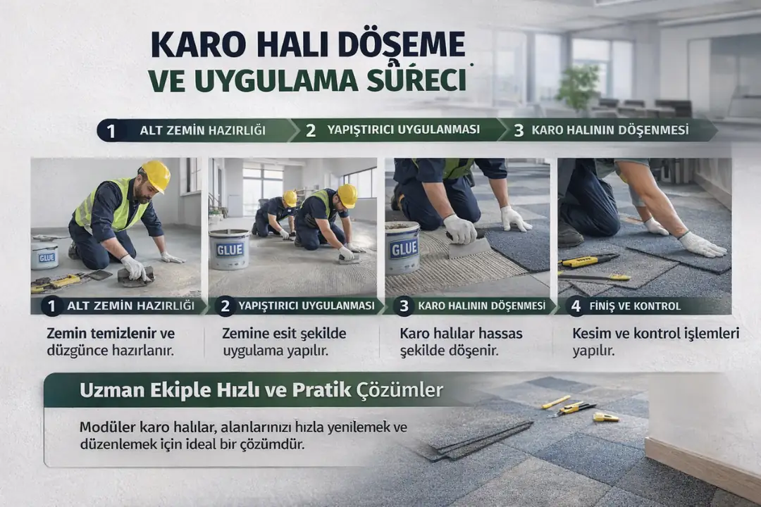 Karo halı uygulama süreci ve ofis zemininde modüler halı montaj aşaması&nbsp;