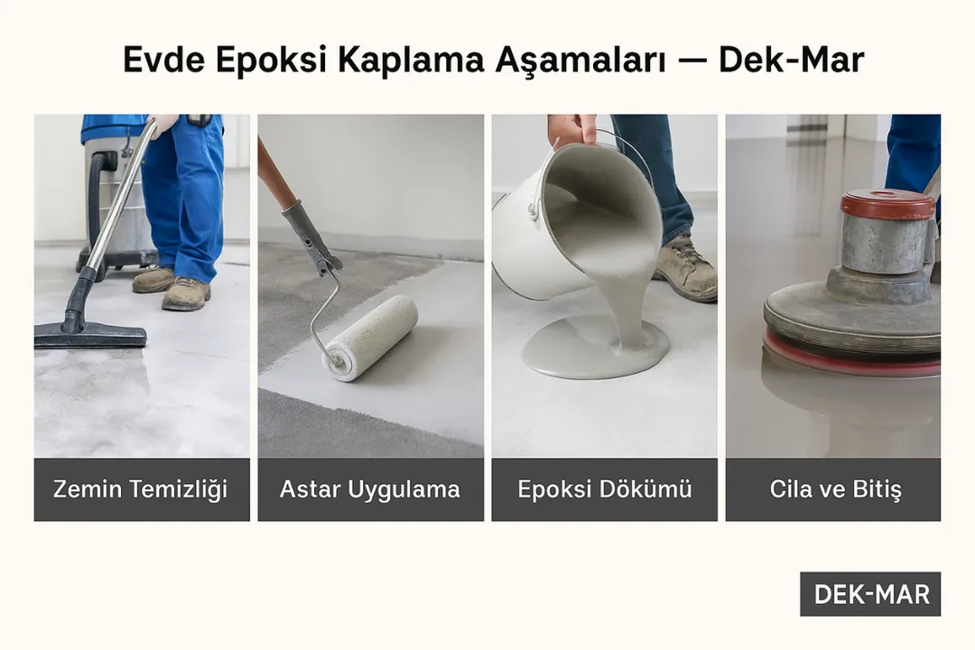 Evde epoksi kaplama uygulama aşamaları – zemin temizliği, astar, döküm ve cila adımları – Dek-Mar 2025 