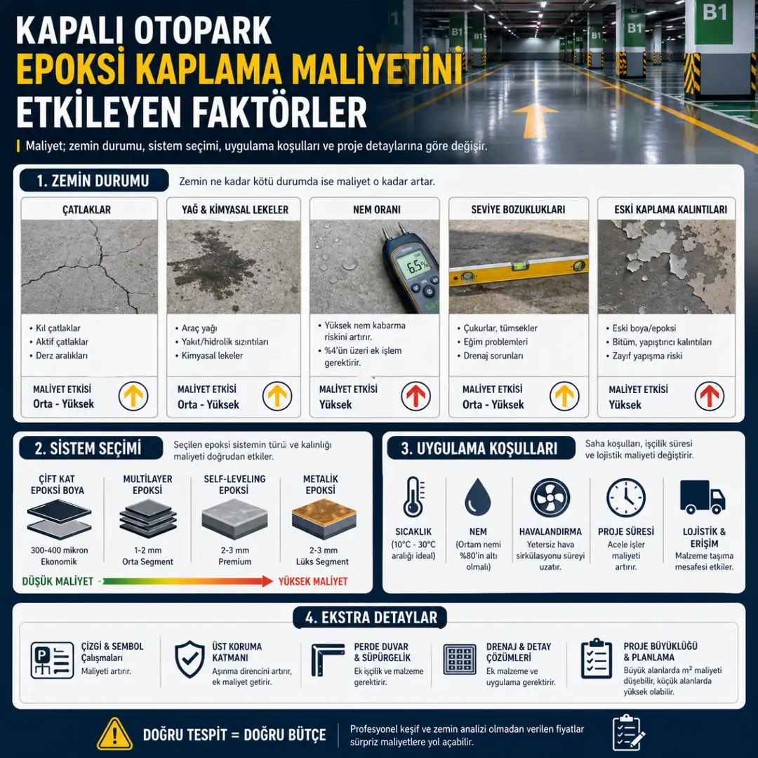 Kapalı otopark epoksi kaplama maliyet kalemleri ve 2026 m2 fiyat tablosu
