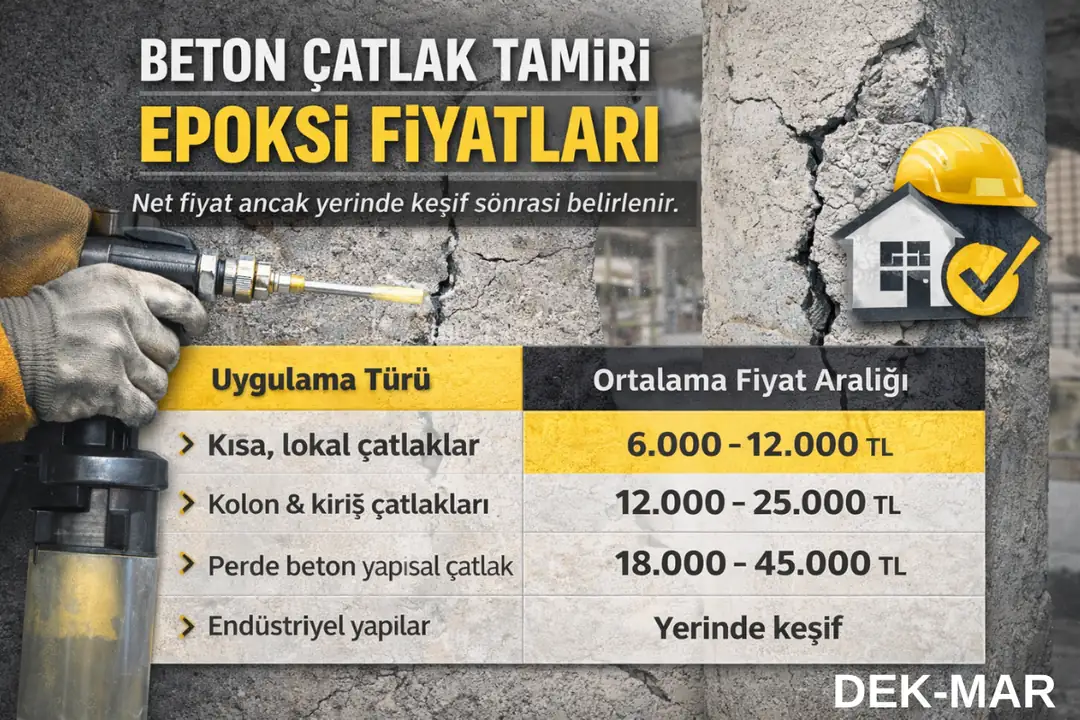Beton çatlak tamiri epoksi fiyatları – kolon, kiriş ve perde beton için ortalama maliyet aralıklarını gösteren tablo&nbsp;