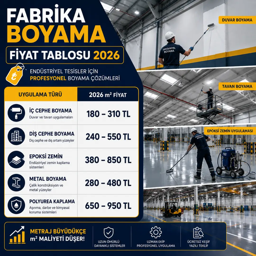 Fabrika boyama fiyat tablosu 2026 iç cephe dış cephe epoksi zemin ve metal boyama m2 fiyatları