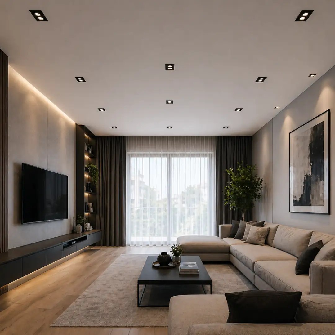 siyah spot aydınlatmalı modern salon asma tavan sade tasarım&nbsp;