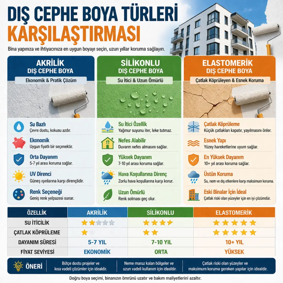 akrilik silikonlu ve elastomerik dış cephe boya türleri karşılaştırması ve teknik farkları&nbsp;