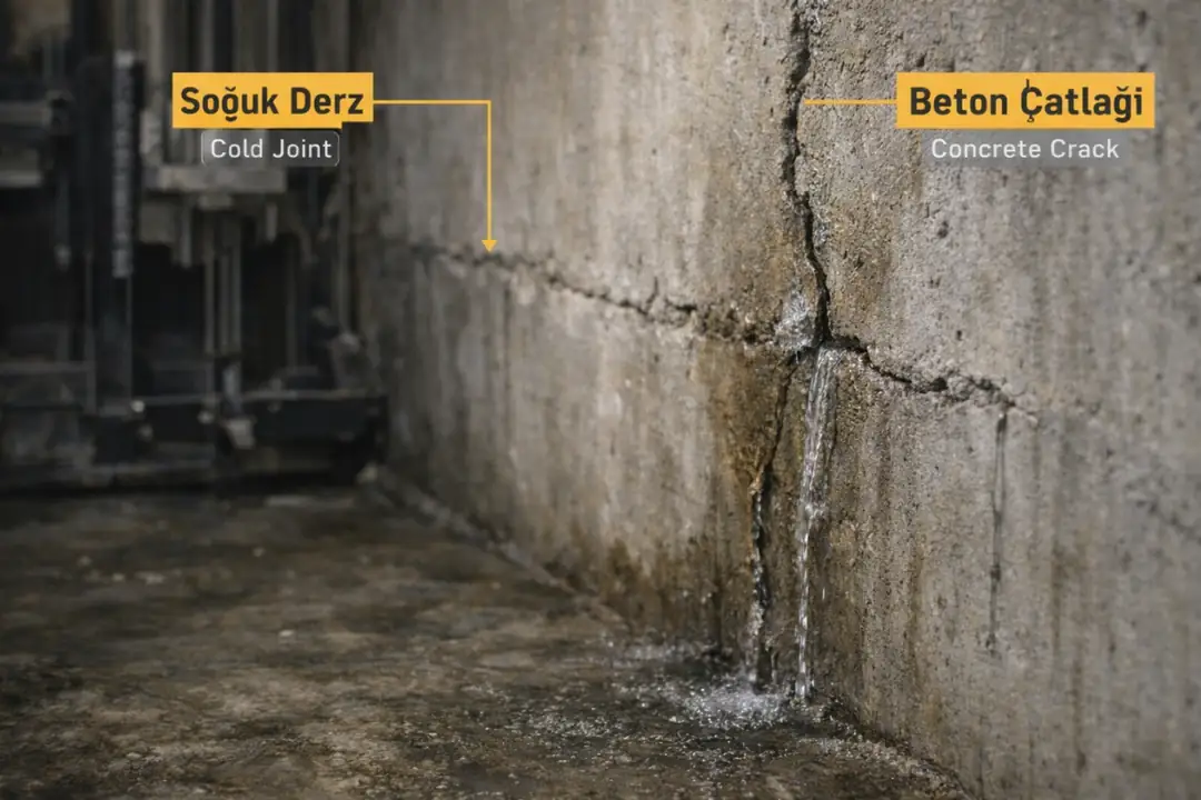 Asansör kuyusunda su girişine neden olan beton çatlakları ve soğuk derzler