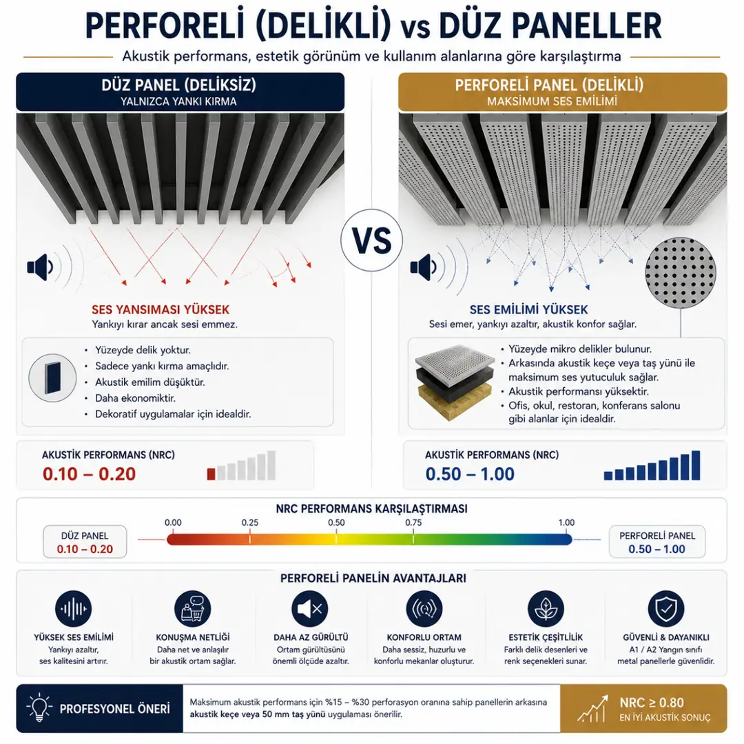 Perforeli ve düz baffle panel ses emilimi akustik performans karşılaştırması&nbsp;