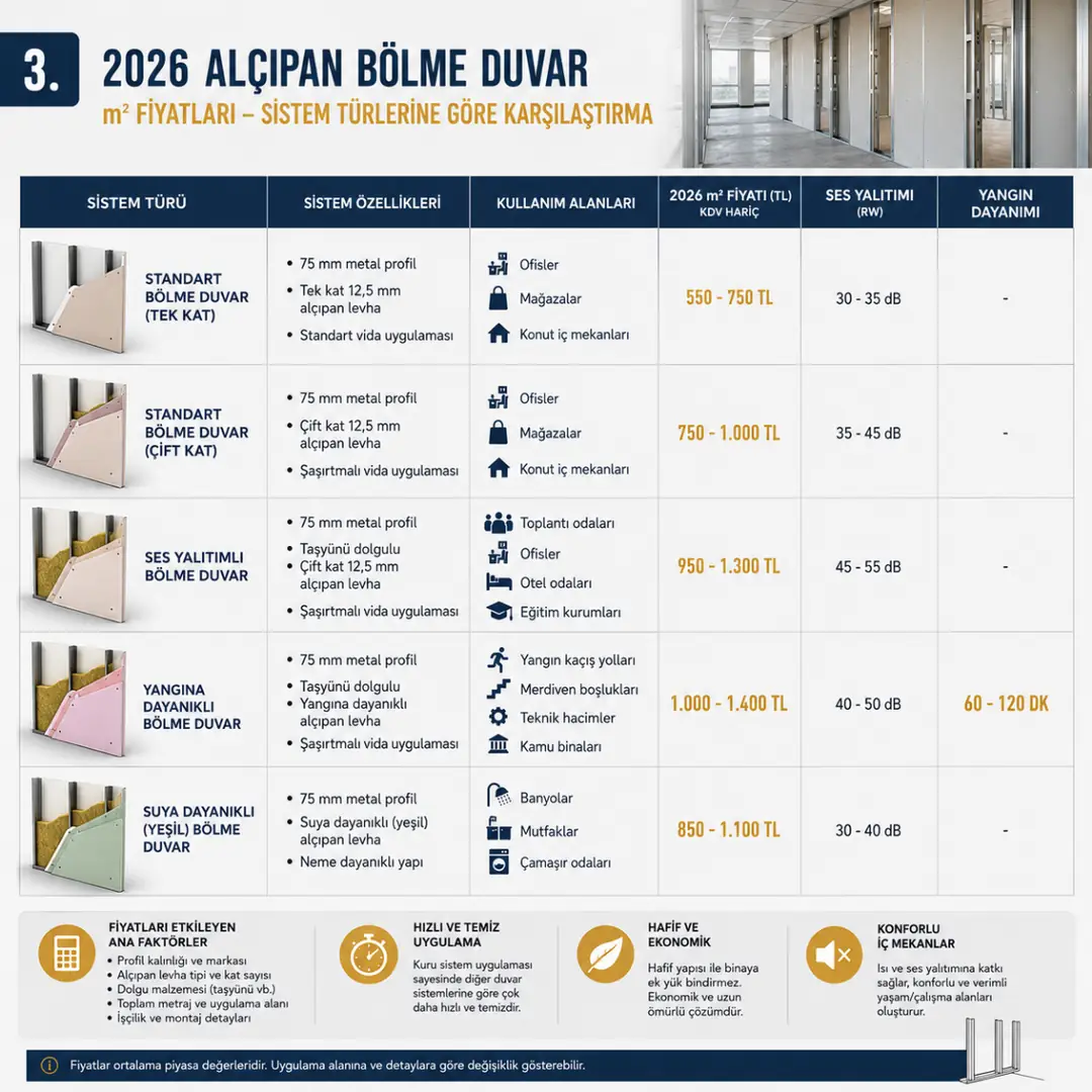2026 alçıpan bölme duvar m² fiyatlarını; standart tek kat, çift kat, ses yalıtımlı, yangına dayanıklı ve suya dayanıklı sistem türlerine göre karşılaştıran detaylı fiyat ve teknik özellik tablosu.